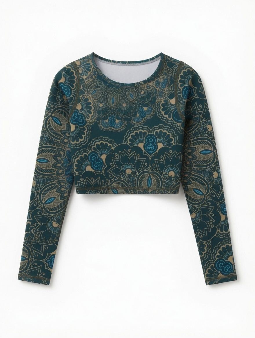 AUM Aura printed long yoga top with bold Bali-inspired print